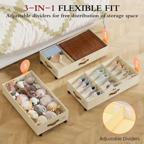 Yecaye Under Bed Storage with Wheels, 4 Pack Under Bed Storage Containers with Adjustable Dividers & Clear Window, Rolling Underbed Organizer Bins Drawers for Clothes, Shoes, Blankets, Beige - Image 3