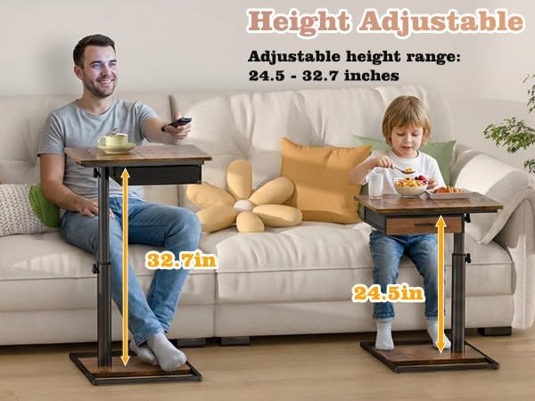 Simple Serenity Extra Large TV Tray Table with Drawer, Adjustable Height & 180° Swivel Top, C‑Shaped End Table for Eating on Couch, Sofa Side Table for Living Room, Bedroom and Small Spaces - Image 4