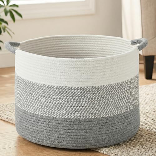 Artfeel 40L Large Cotton Rope Basket, Decorative Woven Blanket Storage for Living Room, Boho Toy Storage & Toy Box for Kids, Versatile Laundry Basket & Nursery Hamper for Blankets(Gery) by Artfeel