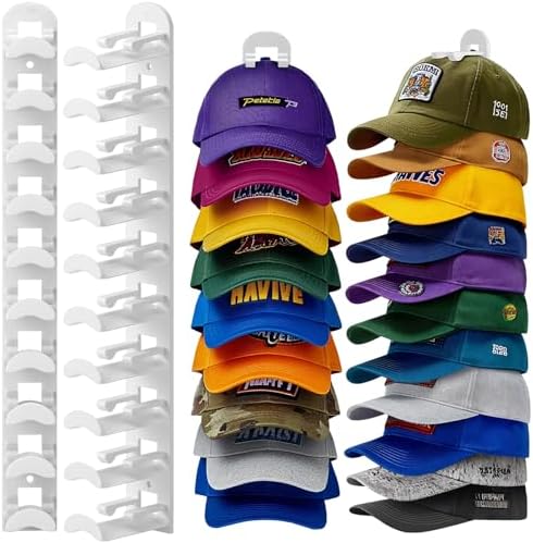 2 Pack Hat Organizer for Baseball Caps, Hat Rack for Wall Hold Up to 20 Hats, Hat Holder with Strong Adhesive and Screws, Hat Organizer Wall Mounted Hat Hanger Display for Door Closet Bedroom(B-White) by MCMUSICCOLOR