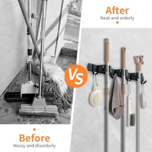 JAMEND CLXP Broom Hanger and Mop Holder, Heavy Duty Garden Tool Organizer Rack Rake and Shovel Handle, Stainless Steel Wall Mounted Utility Rack with Screws (3 Racks with 4 Hooks, Matte Black). - Image 3