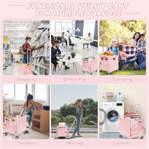 Foldable Utility Cart Rolling Crate Handcart Shopping Cart with Rotate Wheels Extended Magnetic Lid Telescoping Handle Adjustable Angle for Transports Groceries Office Teacher File(Pink) - Image 6