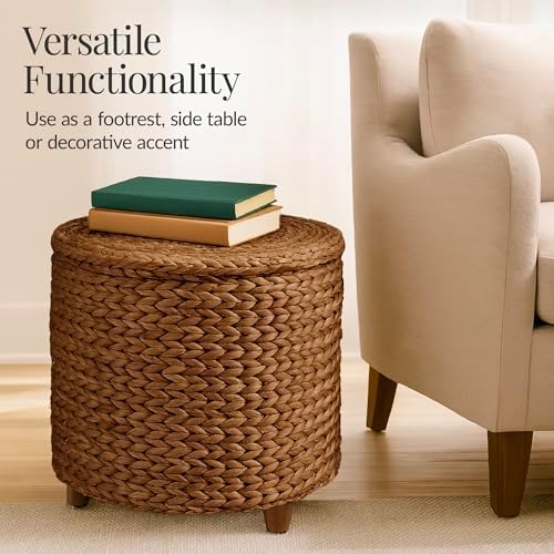 Best Choice Products 17" Round Storage Ottoman W/Lid, Handwoven Water Hyacinth Footstool, Footrest w/Wooden Legs, Accent Side Table, Storage Container, Plant Stand - Chestnut - Image 6