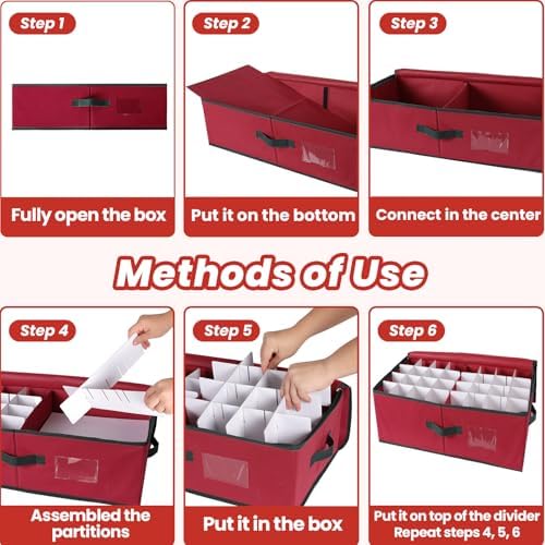 BlessedSeason Christmas Ornament Storage Box with Adjustable Dividers, Cube Storage Containers Organizer *2, Stackable Storage Bins Fit Balls (36 PCS 4’’ & 64 PCS 3”) Dual Zipper, Handles, Visual Slot - Image 5