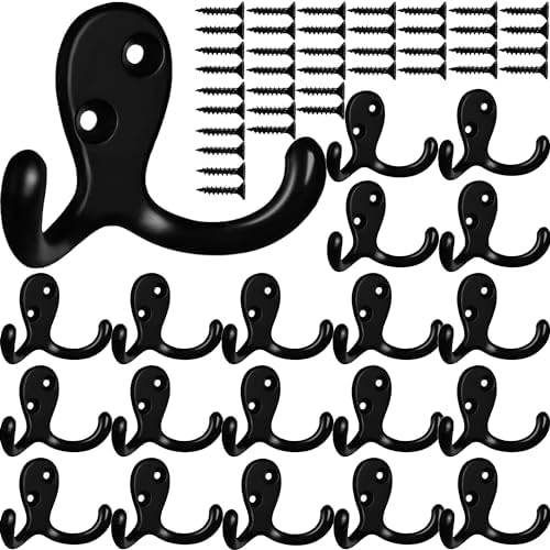 Coat Hooks Hardware,20 Pcs Wall Hooks Heavy Duty Hooks for Hanging Coats Double No Rust Hook Wall Mounted for Key, Towel, Bags, Cup, Hat (20pcs Black) by ZEYU
