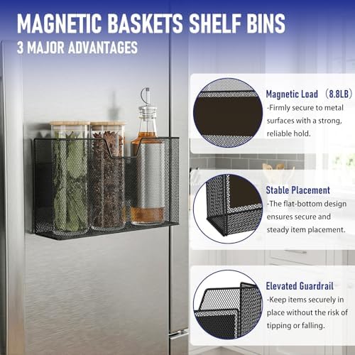 Magnetic Baskets for Fridge Shelf Bins Organizer Magnetic Storage Holder Storage Rack Containers for Fridge, Whiteboard, Locker - Magnetic File Holder for Home Kitchen Laundry Office School(Black) - Image 4