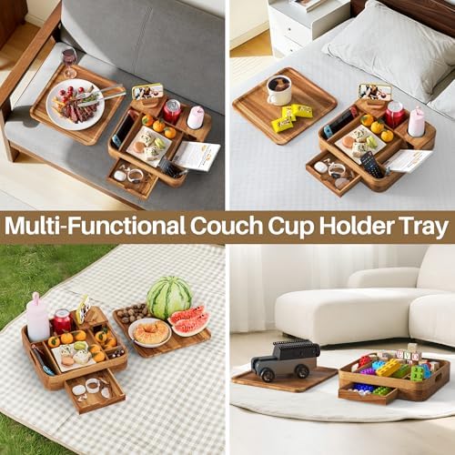 Couch Cup Holder 2-Tier Acacia Wooden Trays with Drawer 12.5 * 12.5 in - Image 3