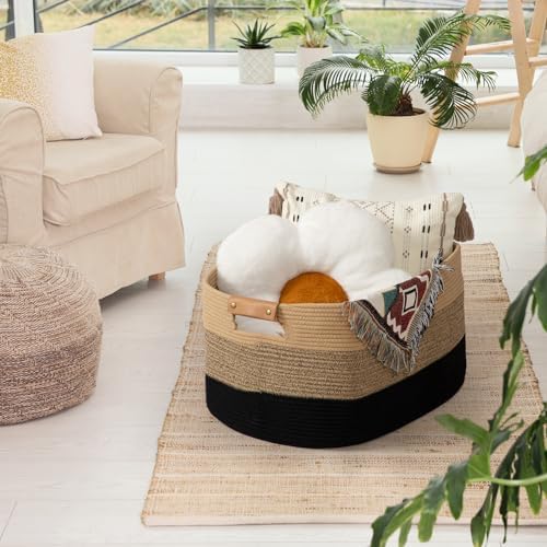 danpinera Large Woven Basket, 108L Large Blanket Basket for Living Room, Nursery, Cotton Woven Hamper for Toy Organizing & Laundry, 25’’*16’’*16’’ Gradient Linen - Image 3