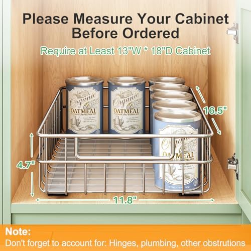 Stainless Steel Pull Out Cabinet Organizer(11.8"W x 16.5"D x 4.7"H)-1 Pack, Minimalist Design Frame, Full-Extension Slide Rails, Easy Installation for Pantry Organizers or Kitchen Cabinet Organizer - Image 2