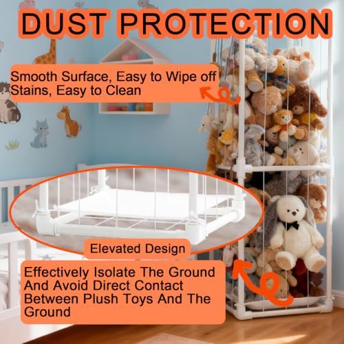 Stuffed Animal Storage Organizer, 58" Extra Large Zoo Cage for 80+ Plushies, Upgraded Quick-Lock Vertical Toy Holder for Kids Room & Playroom (White) - Image 5