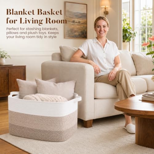 65L Large Woven Blanket Basket for Living Room, 19.7"x15.7"x11.8" - Image 2