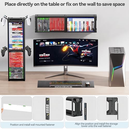 Video Game Disc Rack Tower Storage Holder Stand Universal for PS5/PS4/XBOX One/Series/NS Game, Game Organizer Shelf Display Stand for Wall Mount/Desk/Floor with Controller Holder Sega Genesis Consoles - Image 4
