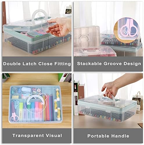 BTSKY 2-Tier Cute Bear Storage Box with Removable Divided Tray Portable Clear Plastic Art Craft Supply Organizer Stackable Home Office Supplies Storage Container for Pens Notes A4 papers etc (Blue) - Image 4
