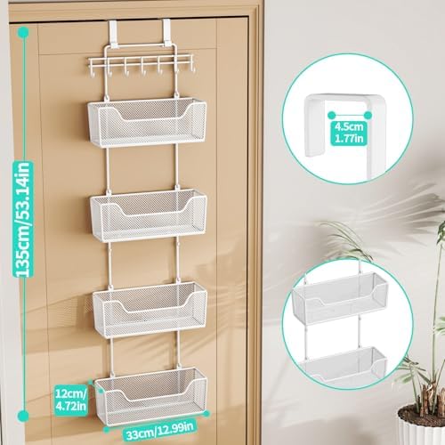 HapiRm Over Door Organizer Storage - Hanging Door Organizer with 4 Metal Large Capacity Baskets and Adjustable Coat Hook for Bathroom Bedroom Kitchen Pantry Closet Cabinet - Image 3