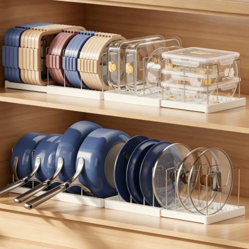 Magheo 2 Pack Expandable Food Storage Container Lid Organizers, 31.3" Pots and Pans Organizer Under Cabinet with 12 Adjustable Dividers Pot and Pan Lid Holders Rack Inside Cabinet(White) by MAGHEO