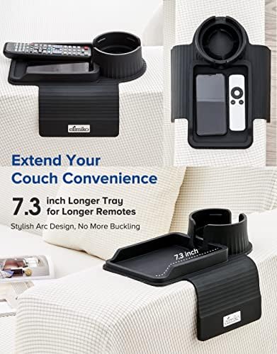 Couch Cup Holder Tray, Elimiko Silicone Sofa Drink Holder with Large Cup Holder and Tray, for Oversized Mugs/Long Remote/Snacks/Cellphone (Black) - Image 4