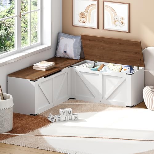 YATINEY L-Shaped Storage Bench, Storage Toy Chest with Hidden Compartments, Breakfast Nook Bench for Corner Spaces, Kitchen, Dining Room, Cloakroom, Walnut and White CW01WH - Image 4