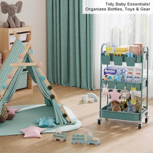 3 Tier Green Metal Rolling Cart with Lockable Wheels, 3 Tiered Roller Shelf - Image 3