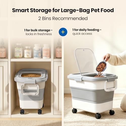 Dog Food Storage Container 15-25lbs, Airtight Pet Food Bin with Locking Lid & Clear Window, Collapsible Rolling Storage Container with Wheels & Scoop, Gray - Image 5