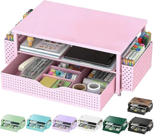 Spacrea Computer Monitor Stand with Drawer and 2 Pen Holders, Pink by Spacrea