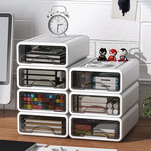 Desk Organizer with Drawers, Stackable Storage Drawers with Compartments Desktop Organization for Office Supplies, Makeup, Pencils, Tape, Erasers, Paperclips, Chargers (4 Pack White) - Image 2