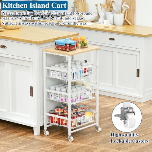 OKZEST 4-Tier Kitchen Storage Cart with 3 Upgraded Drawer Basket & Wood Top - Image 4