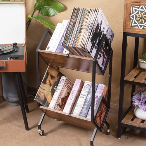 SwaaVee Vinyl Record Storage Holder with Wheels, 2-Tier Record Holder 160-200 LP with Dividers, Retro Style Quick Assembly Vinyl Record Display for Albums, Magazine, Book, Files(2 Tier- Rustic Brown) - Image 7