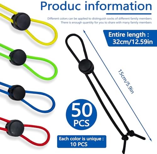 Huakaile 50 Pieces 5 Colors Sock Clips for Laundry Washing Machine and Dryer Washer, Elastic Laundry Loop Holder Stocking Tie Paired Socks Organizer - Image 2