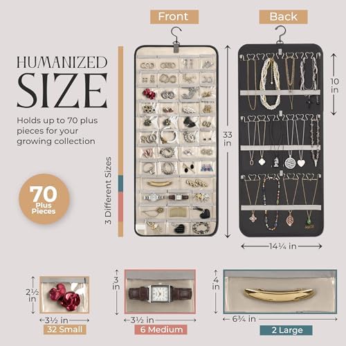 Hanging Jewelry Organizer Storage with Hanger Metal Hooks Double-Sided Jewelry Holder- Wall Mount Holder for Earrings, Necklaces, Rings on Closet, Wall, Door, 1 piece, Large, Charcoal Black - Image 2