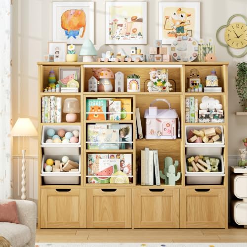 FINETONES Toy Storage with Sliding Bookshelf, Toy Organizer with 4 Bins - Image 5
