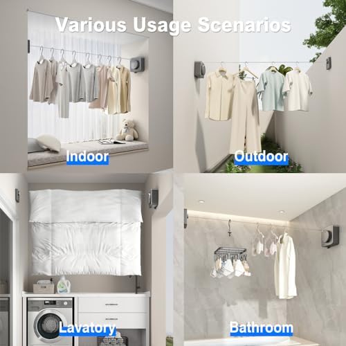 MUSTORN Retractable Clothesline Indoor, Non-Sagging Outdoor Clothes Line Retracting Heavy Duty Clothes Drying Laundry Line Wall Mounted Stainless Steel Line-13.8 Feets(Square-Gray) - Image 6