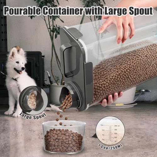 TIOVERY Dog Food Storage Container, 10 Lbs Airtight Pet Food Containers, Cat Food Container Dispenser Bin with Pouring Spout, Portable Handle & Measuring Cup for Dog Treats, Cat Kibble, Bird Feed Grey - Image 3