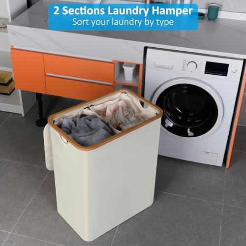 efluky Double Laundry Hamper with Lid and Removable Bags, 160L Beige - Image 3