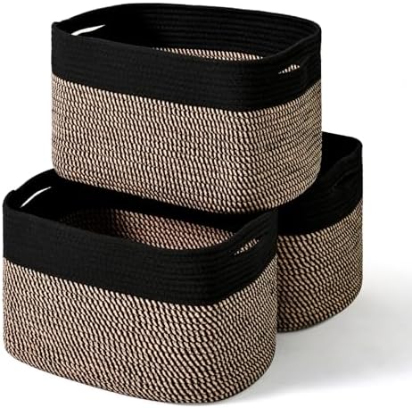 ICERZCZ Storage Baskets for Organizing Shelves, Toy Basket for Kid's Room, Woven Cotton Rope Basket for Decor, Organizing Baskets for Bedroom Living Room, 15"x11"x9.5", 3 Packs, Black & Jute by ICERZCZ