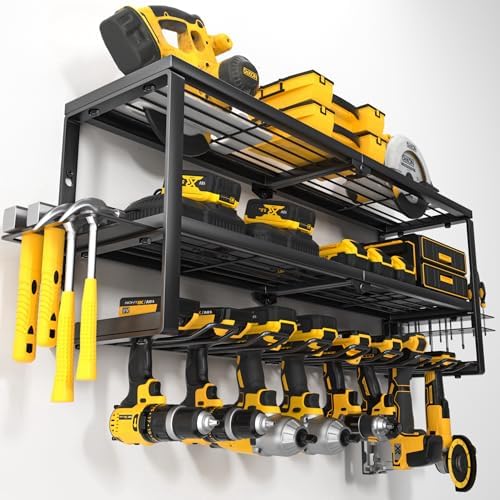YYR Heavy Duty Power Tool Organizer Wall Mount, Cordless Drill Hanger Storage Rack, Battery Tools Holder with Charging Station Shelf for Garage Organization, Workshop, Pegboard, Shed - 32 Inch 8 Slots by YYR