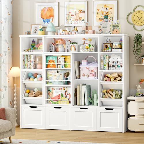 FINETONES Toy Storage with Sliding Bookshelf, Toy Organizer with 4 Bins - Image 2