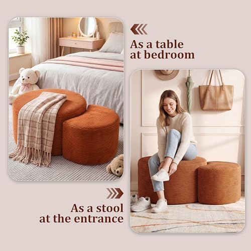BSHOMGI Nesting Coffee Table Set of 2,Corduroy Ottoman Soft Foot Rest Movable LargePouf Footstool for Living Room Sofa Couch Bedroom Entryway and Small Spaces No Assembly (Orange, 32"+17") - Image 5
