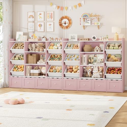 HITHOS 55" W Kids Toy Storage Organizer with 10 Toy Box & Book Shelf, Pink - Image 3