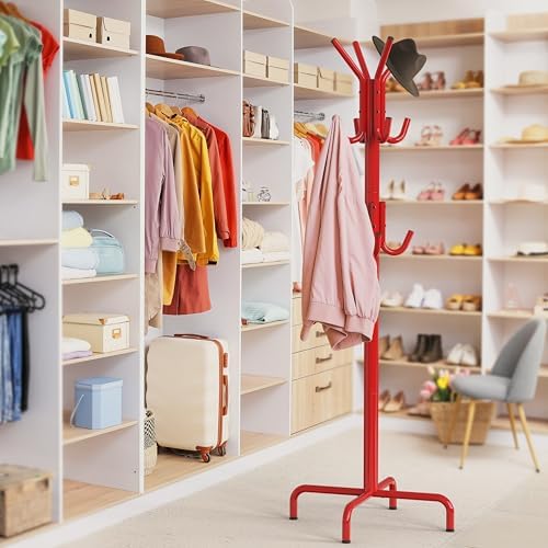 Simple Houseware Standing Coat/Hat Hanger Organizer Rack, 12 Hooks, Red - Image 4