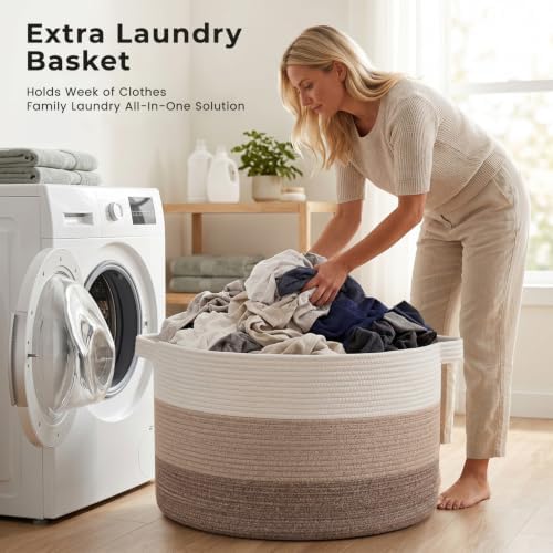 OIAHOMY 90L Extra Large Blanket Basket - Decorative Cotton Rope Storage Basket for Bedroom, Living Room & Nursery - Woven Laundry Hamper for Organizing Blankets, Clothes & Toys - Gradient Brown - Image 6