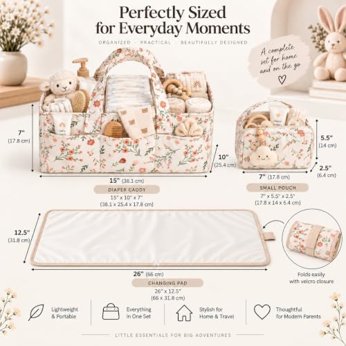 PeraBella Baby Diaper Caddy Organizer 3 Pcs Set, Floral Baby Basket Shower Gift, Nursery Organizer Basket for Newborn Boy Girl Essential Items, Changing Table Organizer Caddy for Baby Stuff, Car Caddy - Image 2