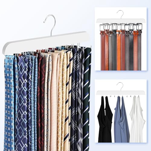 RESOVO Upgraded Tie Rack Hanger with 20 Foldable Metal Hooks, Space Saving Necktie Organizer for Men – Large Capacity Tie and Belt Wooden Hanger for Closet - White - Image 6