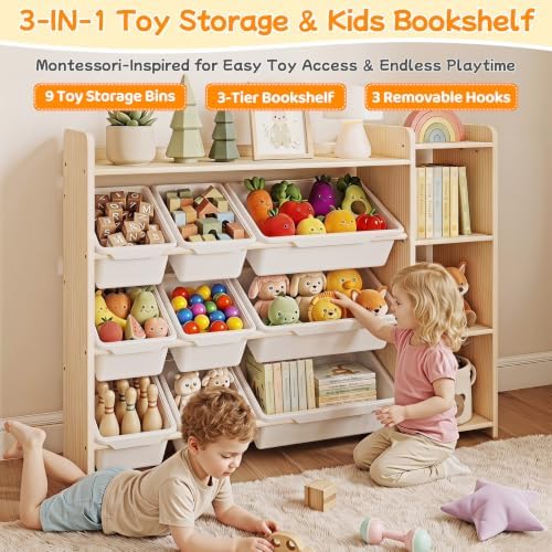 GITAWUSA Kids Bookshelf & Toy Organizer, 3-Tier Shelf/9 Bins, Natural, Pine - Image 3