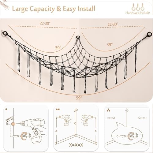 YKBU Stuffed Animals Hammock Corner Hanging Net Macrame Stuffed Animal Storage Plush Toy Holder Toy Organizer for Boho Nursery Playroom Bedroom Kids Room (black, Large) - Image 6