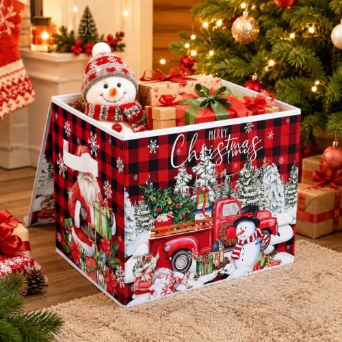 Briwooody Red Plaid Christmas Storage Bin with Lid and Carrying Handle - Image 2