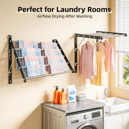 Wall Mounted Drying Rack, Foldable Laundry Rack, Adjustable Width, 60 lbs - Image 3