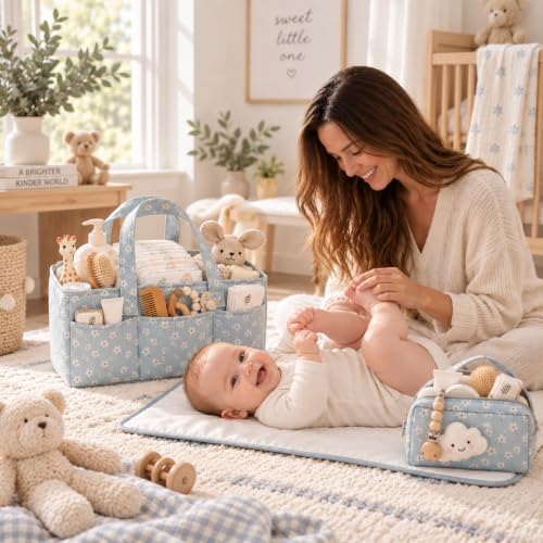 PeraBella Baby Diaper Caddy Organizer 3 Pcs Set, Floral Baby Basket Shower Gift, Nursery Organizer Basket for Newborn Boy Girl Essential Items, Changing Table Organizer Caddy for Baby Stuff, Car Caddy - Image 3