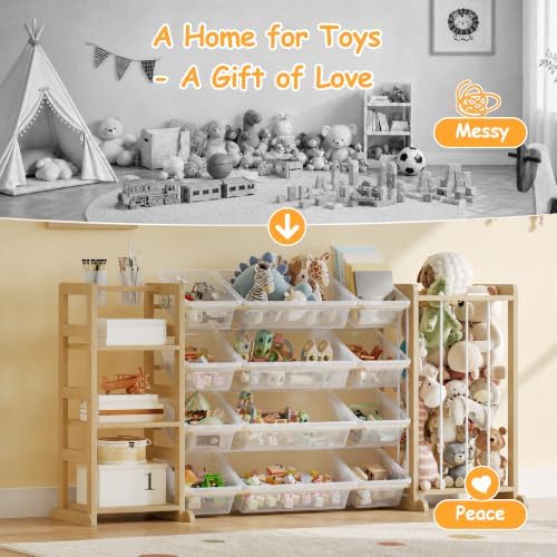 3-in-1 Montessori Toy Organizer with Bookshelf,12 Clear Bins &Plush Storage - Image 6