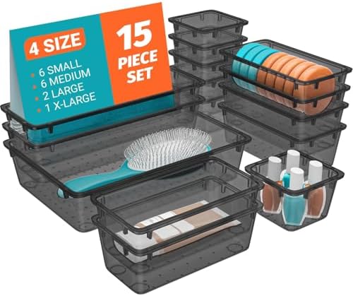 SpaceHacks 15 PCS Plastic Drawer Organizer Set, Drawer Storage Trays by SpaceHacks