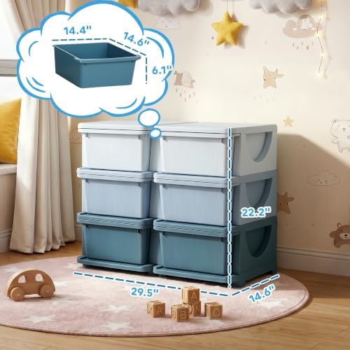Qaba 6 Drawers Kids Storage Unit 3 Tier Toy Organizers Blue - Image 3